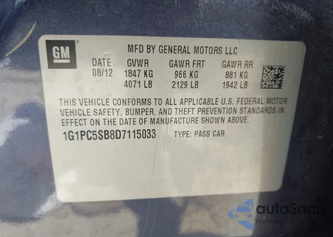 2013 Chevrolet Cruze 1Lt from USA, damaged, VIN 1G1PC5SB8D7115033